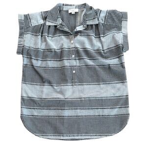 ANN TAYLOR LOFT WOMEN 100% COTTON BLACK WHITE CAP SLEEVE BUTTON DOWN BLOUSE XSM